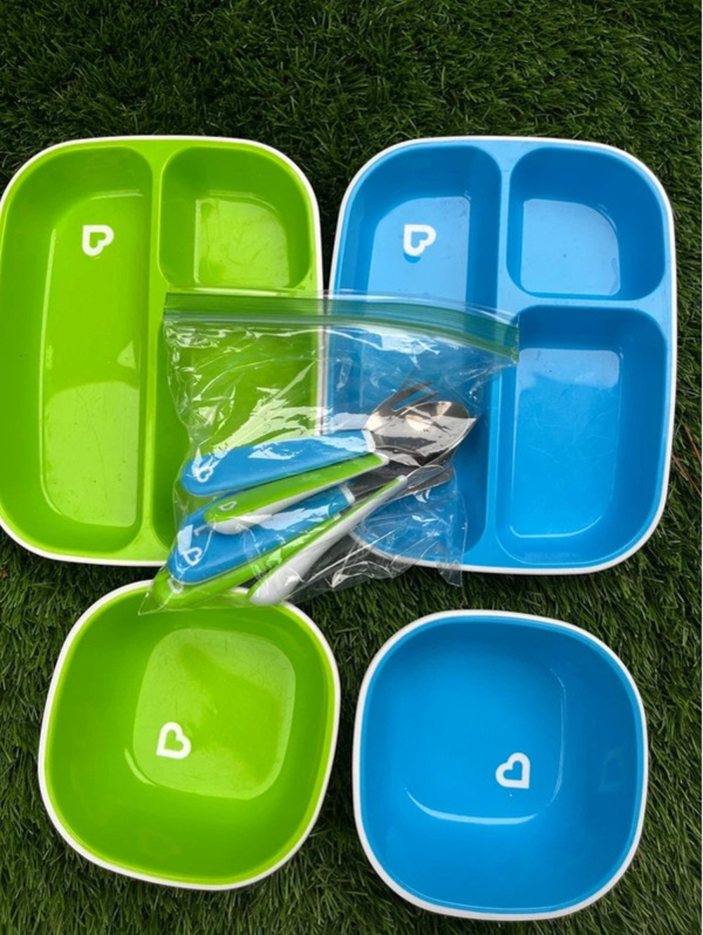 Set of 4 munchkin plates bowls green blue & silverware